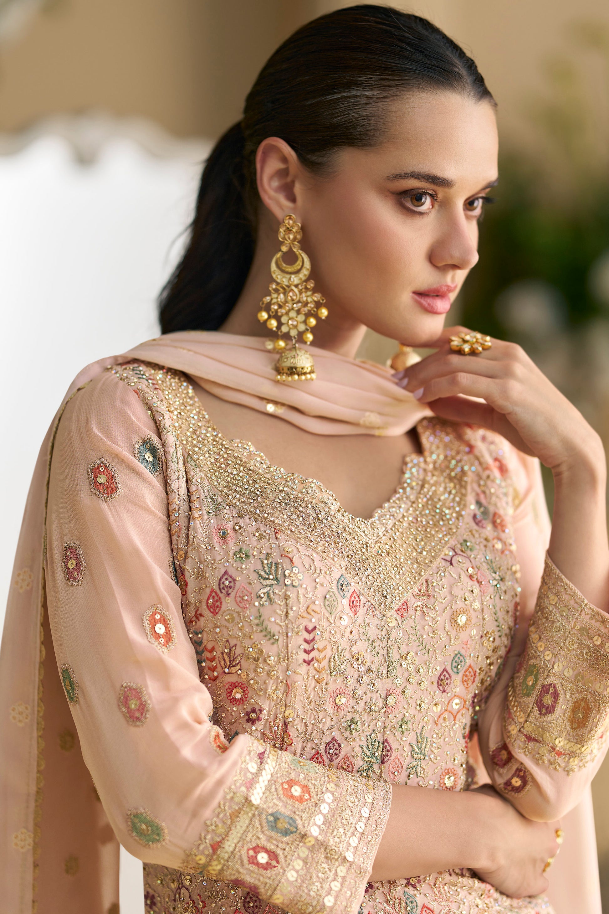 Baby Pink Reception Party Wear Salwar Kameez Palazzo Dupatta Suit For USA Women's Dresses
