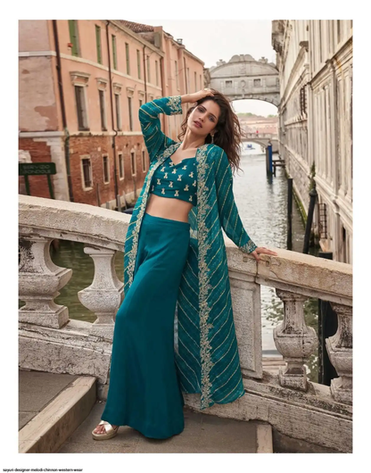 Teal Embroidered Party Shrug Style Palazzo Suit 