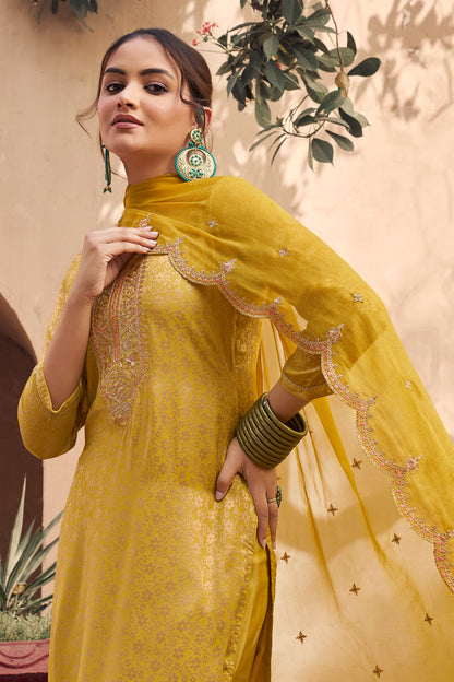 Stylish Jacquard Fabric Designer Salwar Kameez ideal for wedding Haldi celebrations.