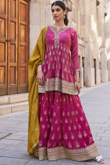 Sharara for women in pink with embroidered chinon silk