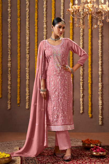 Elegant Peach Designer Chinon Fabric Salwar Kameez Dress with Thread Embroidery Work.