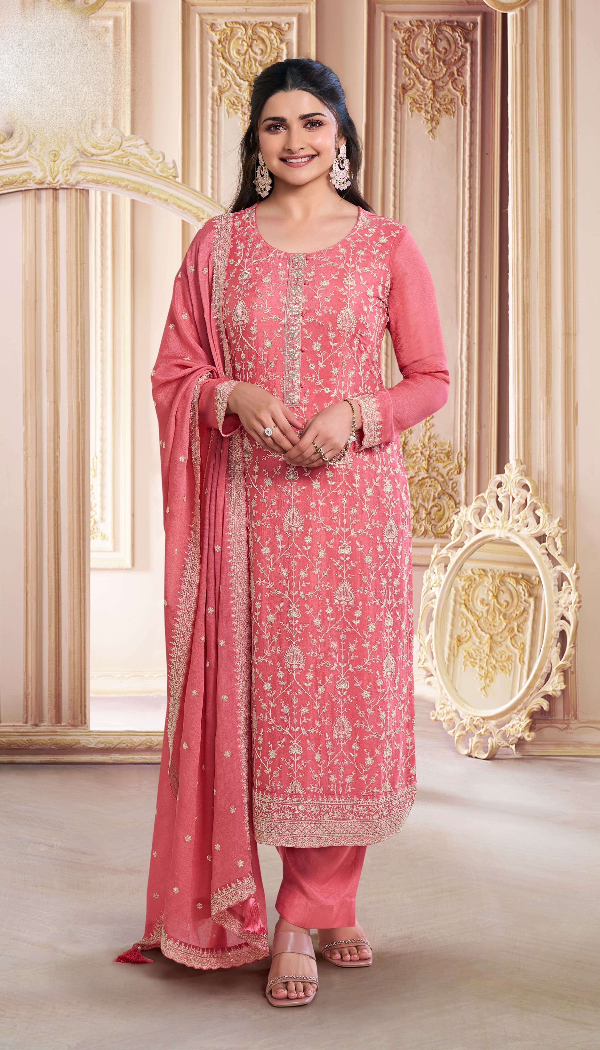 Full-length peach salwar kameez for wedding guest wear