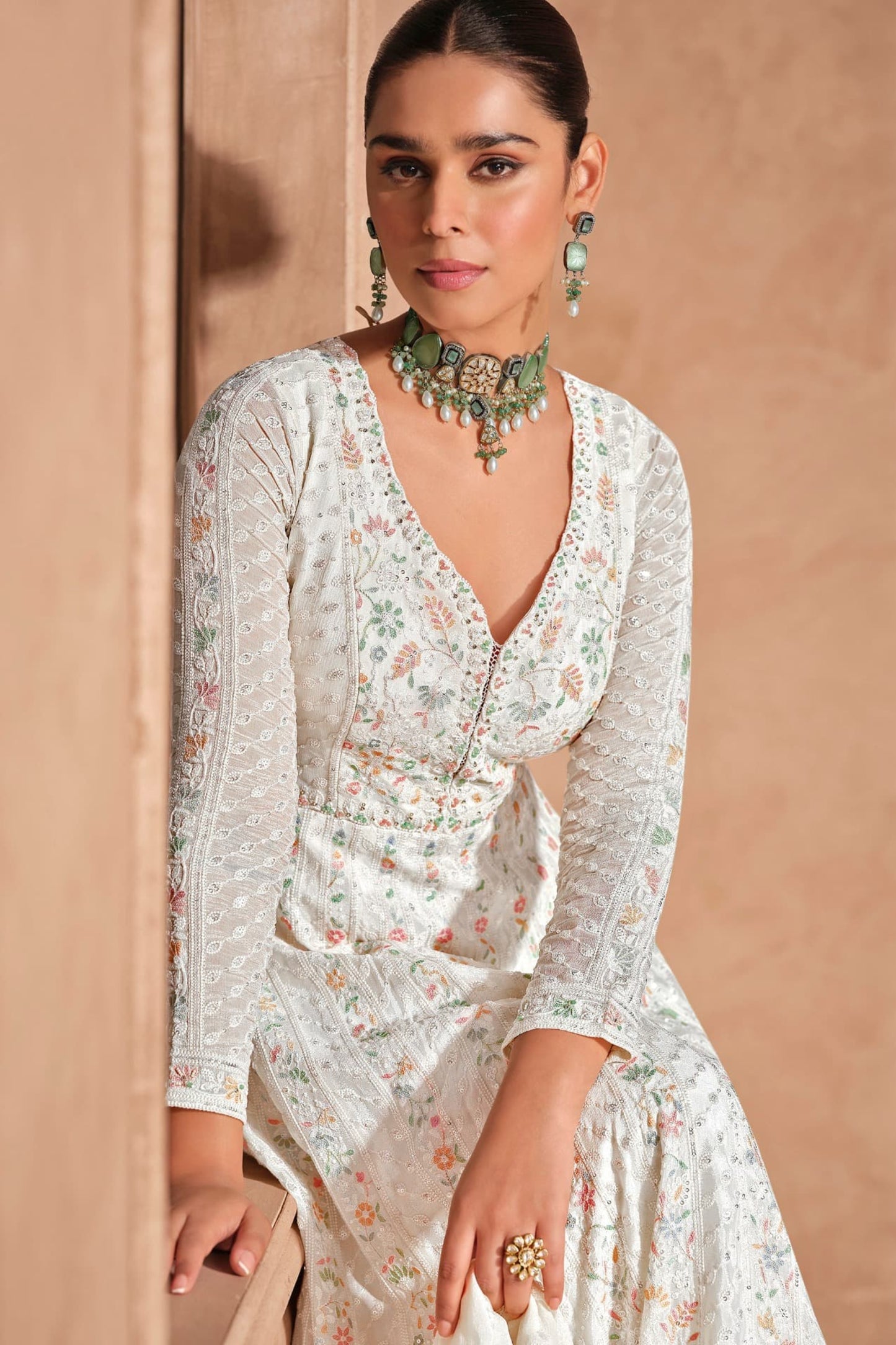 White Anarkali Gown Suit Heavy Chinon Embroidery Woked Chinon Silk Fabric Dupatta Dress