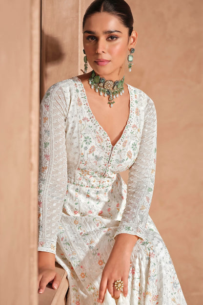 White Anarkali Gown Suit Heavy Chinon Embroidery Woked Chinon Silk Fabric Dupatta Dress
