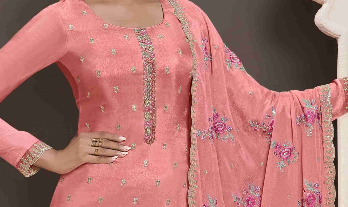peach salwar kameez with georgette dupatta drape detail