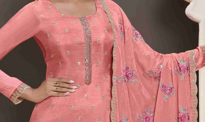 peach salwar kameez with georgette dupatta drape detail