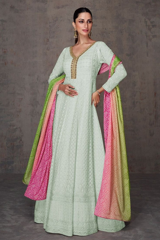 Sky Blue Anarkali Gown Stitched Party Wear Dupatta Suit for Canada Women's 