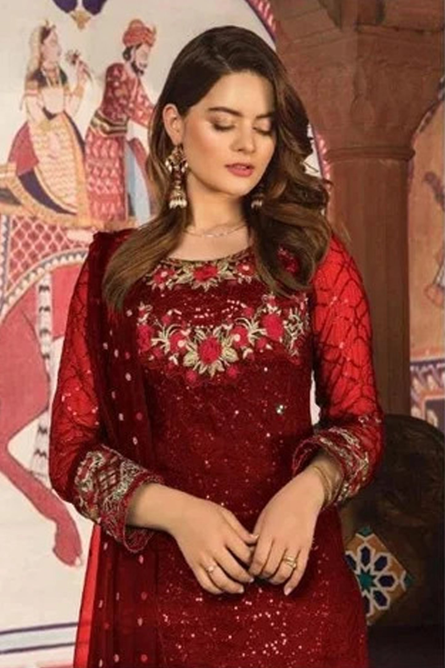 Embroidery  Heavy Georgette Red Net Fabric Bridal Look Salwar Kameez Suit