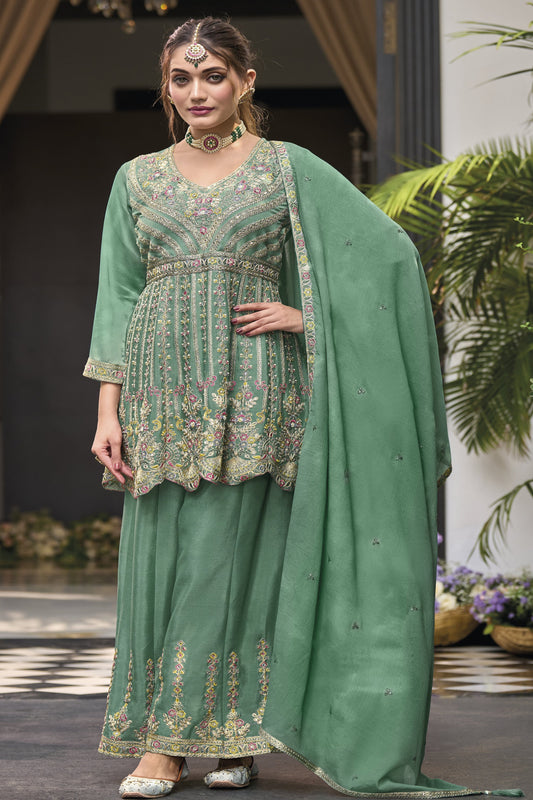 Green Designer Heavy Embroidery Work Palazzo 