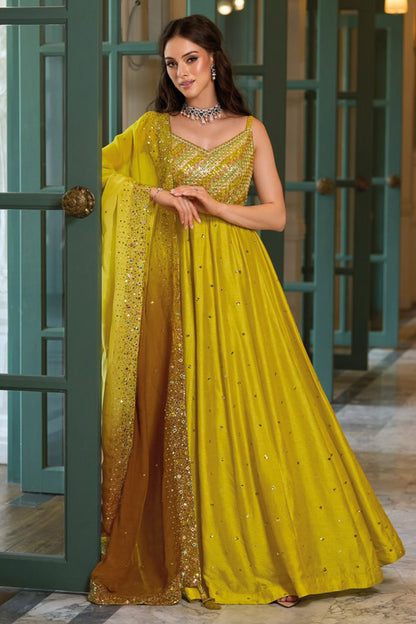 Haldi Ceremony Anarkali Gown With Dupatta Indian Wedding Dress USA