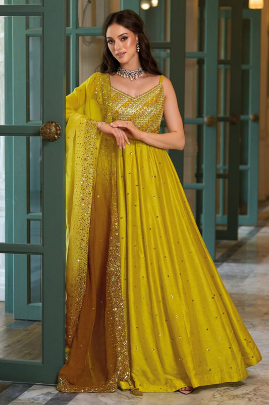 Haldi Ceremony Anarkali Gown With Dupatta Indian Wedding Dress USA