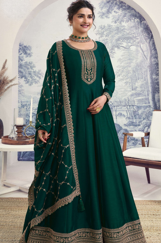 green anarkali dress Elegant Green Heavy Fox Georgette Anarkali Suit Set with Pearl Border