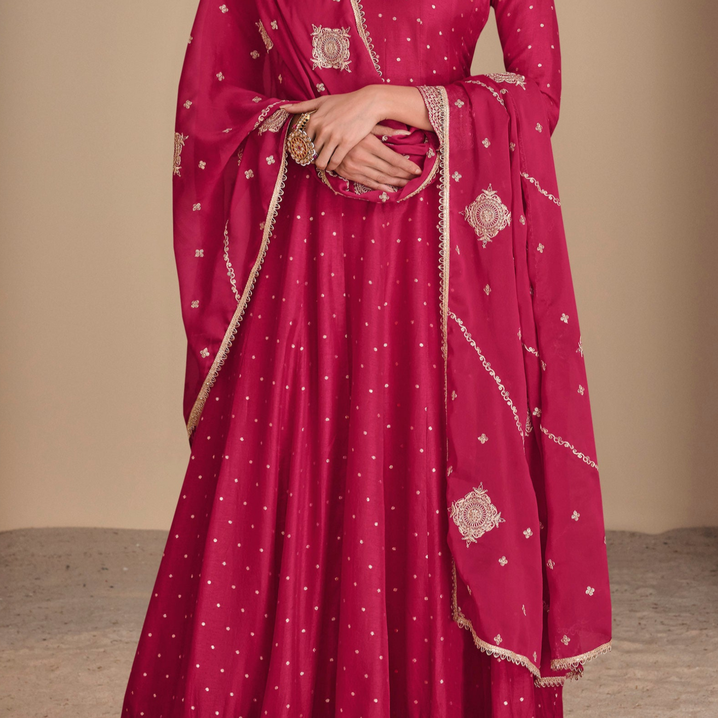 Jacquard Silk Pink Anarkali Gown With Embroidery Work Traditional Indian Wedding Dress