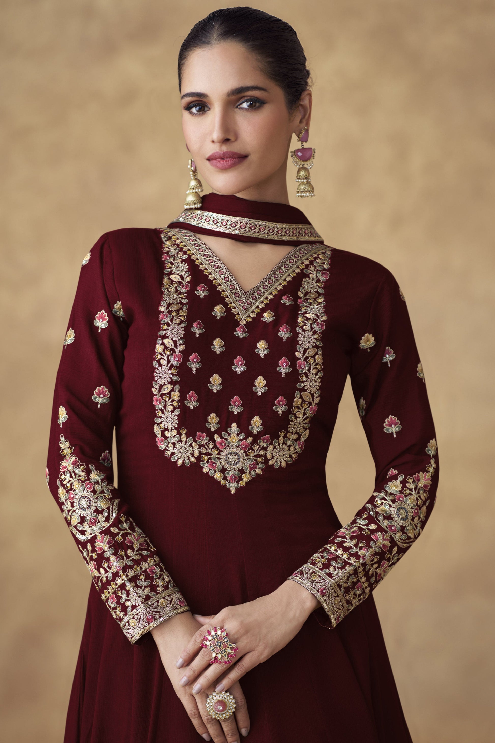 Indian Pakistani Wedding Party Wear Anarkali Gown Burgundy Red / 2-US XXS (34)