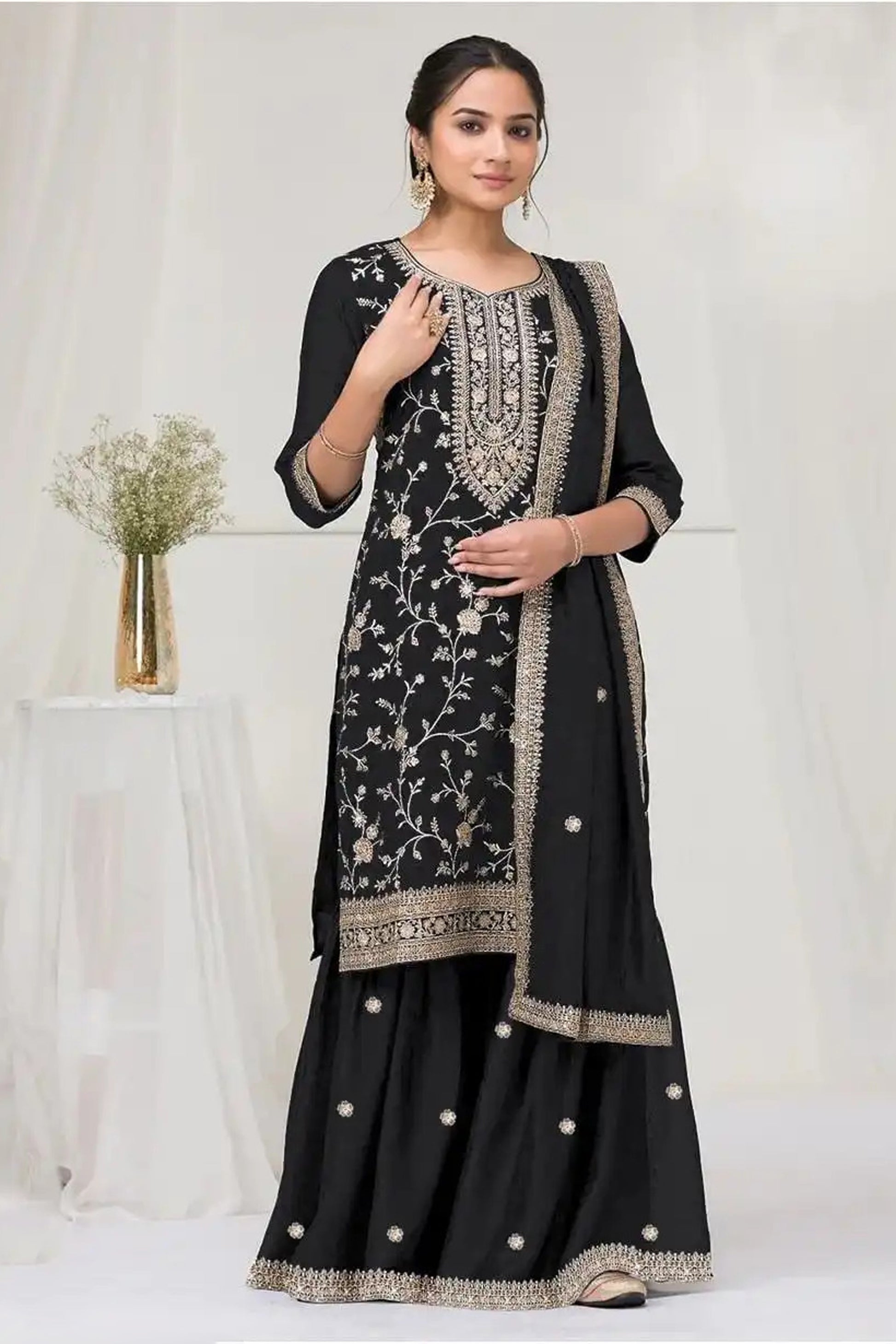 Black Embroidered Palazzo Salwar Kameez Suit With Silk Dupatta 