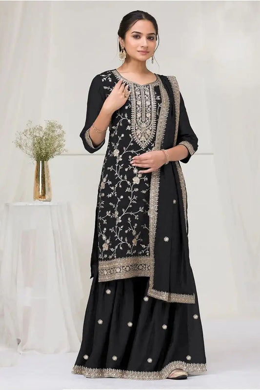 Black Embroidered Palazzo Salwar Kameez Suit With Silk Dupatta 