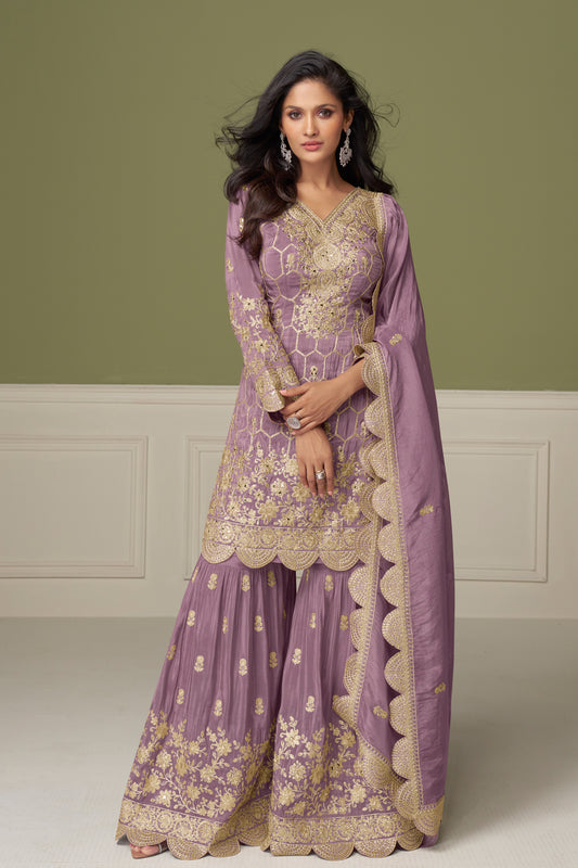 Levender sharara suits with heavy embroidery work