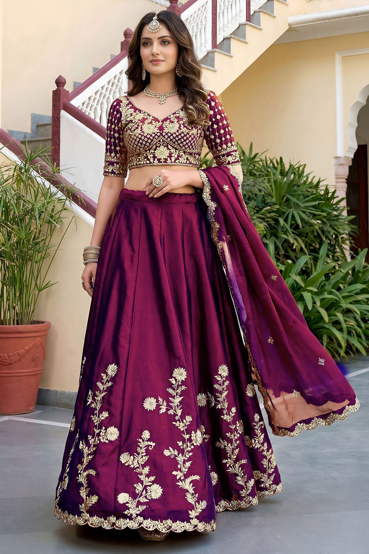 Full-length view of wine lehenga choli set