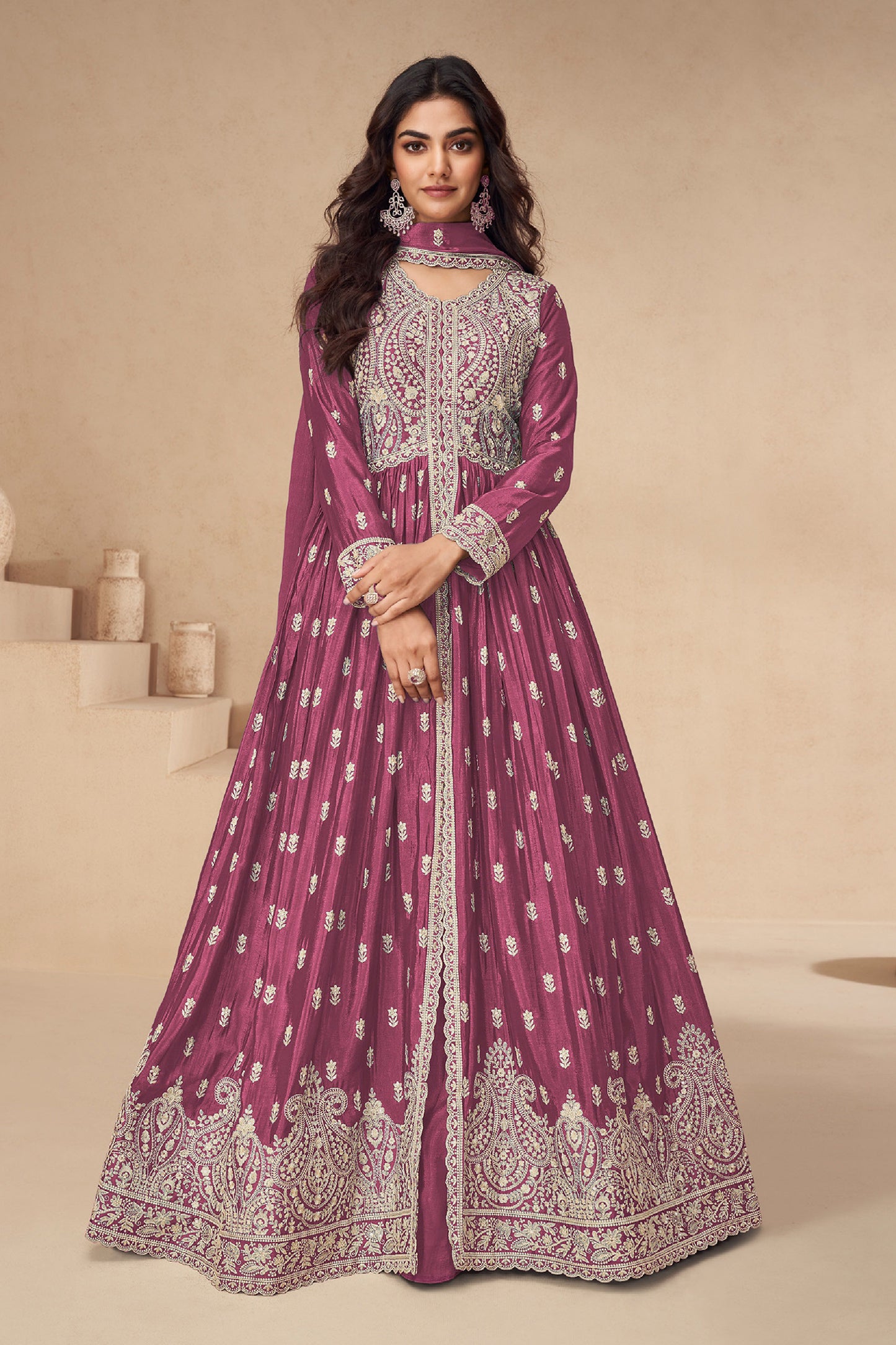 Floral Anarkali Suits Function Wear Heavy Chinon Embroider Worked Dupatta 