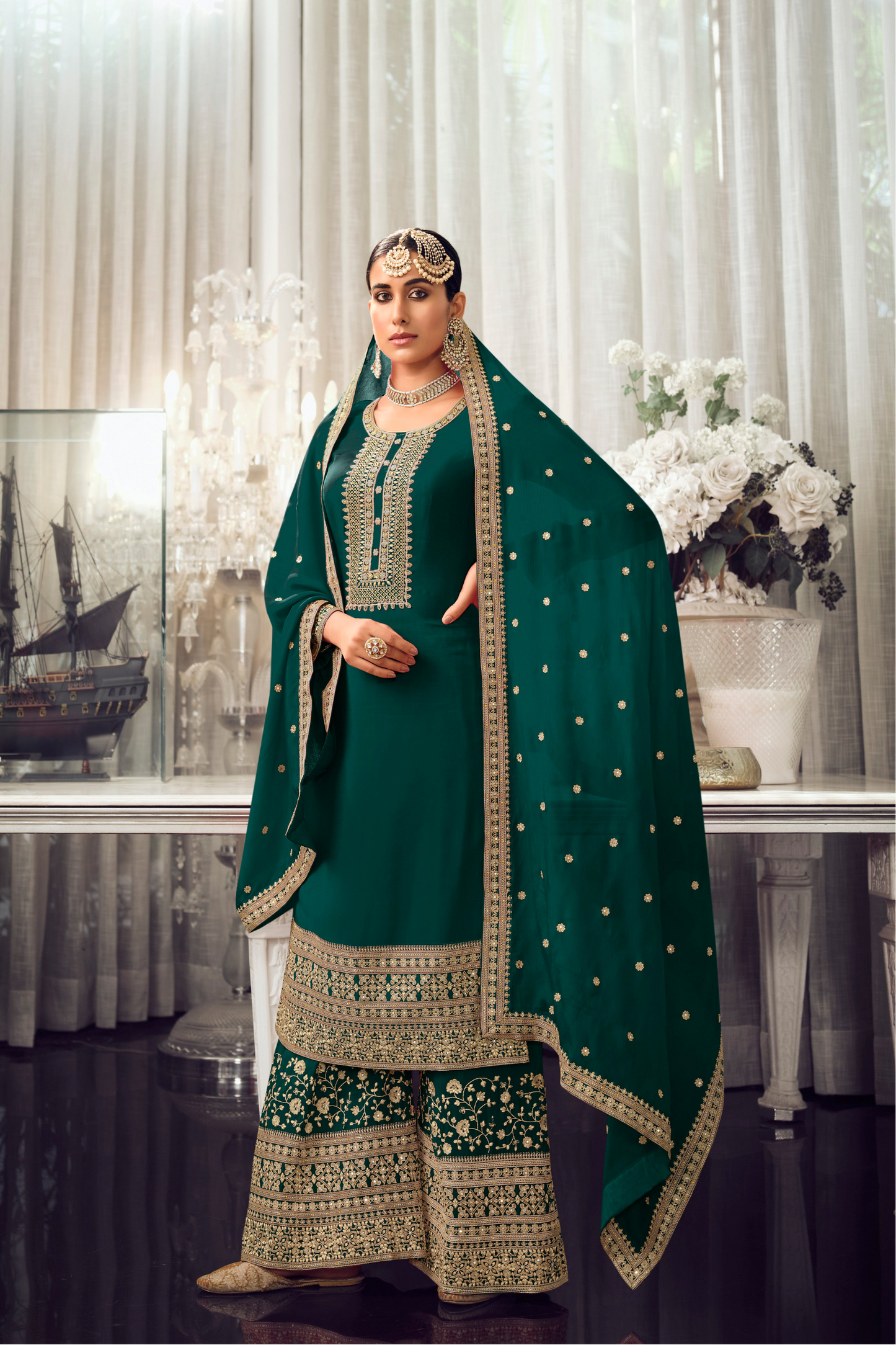 Green Heavy Embroidered Traditional Look Palazzo Suit 