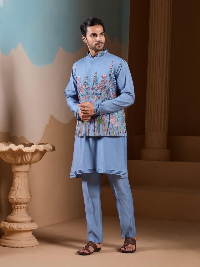 Men’s Blue Kurta Pajama Front View With Ethnic Detailing