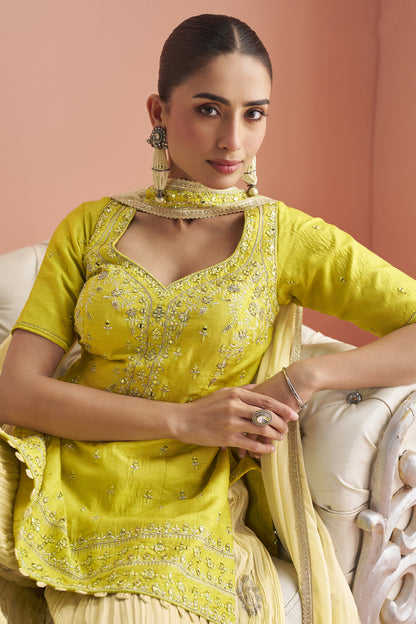 Traditional Wear Light Yellow color plazzo with Embroidered Work Dupatta