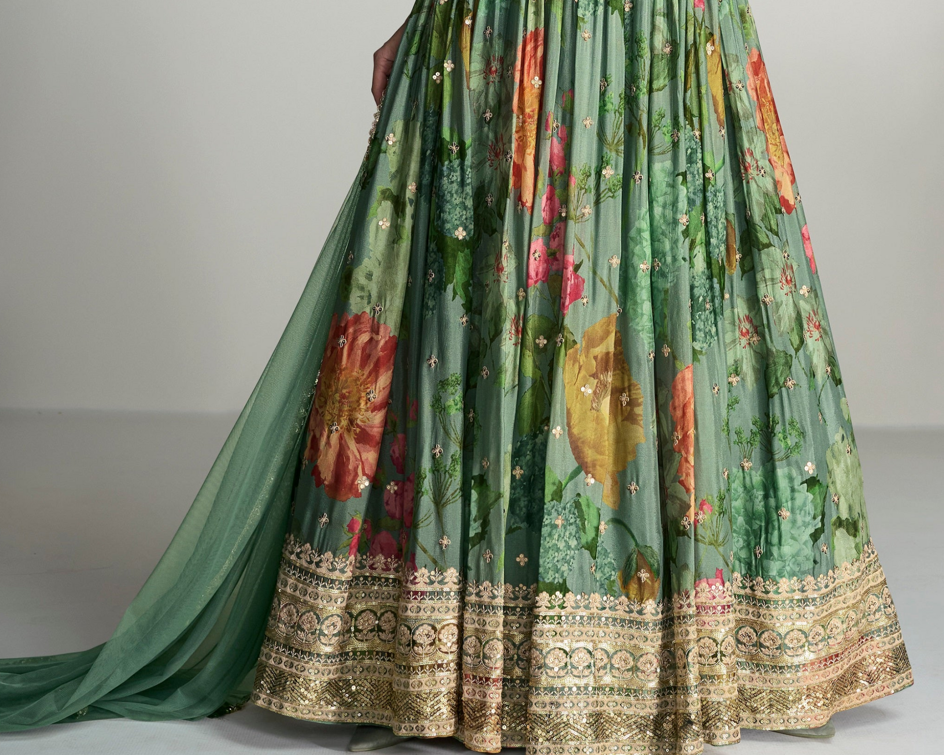 Stylish Stitched Long Chinon Silk Green Anarkali Dress With Dupatta For Party Wear 