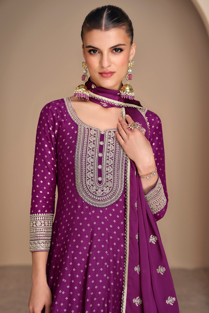 Wine Anarkali Gown Ethnic Party Wear Embroidery Worked Dupatta Suit