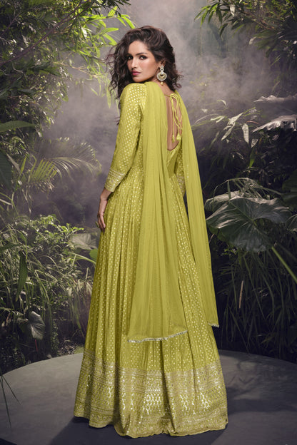 Yellow Anarkali Gown Wedding Reception Party Wear Western Pure Viscose Jacquard Silk Dress 