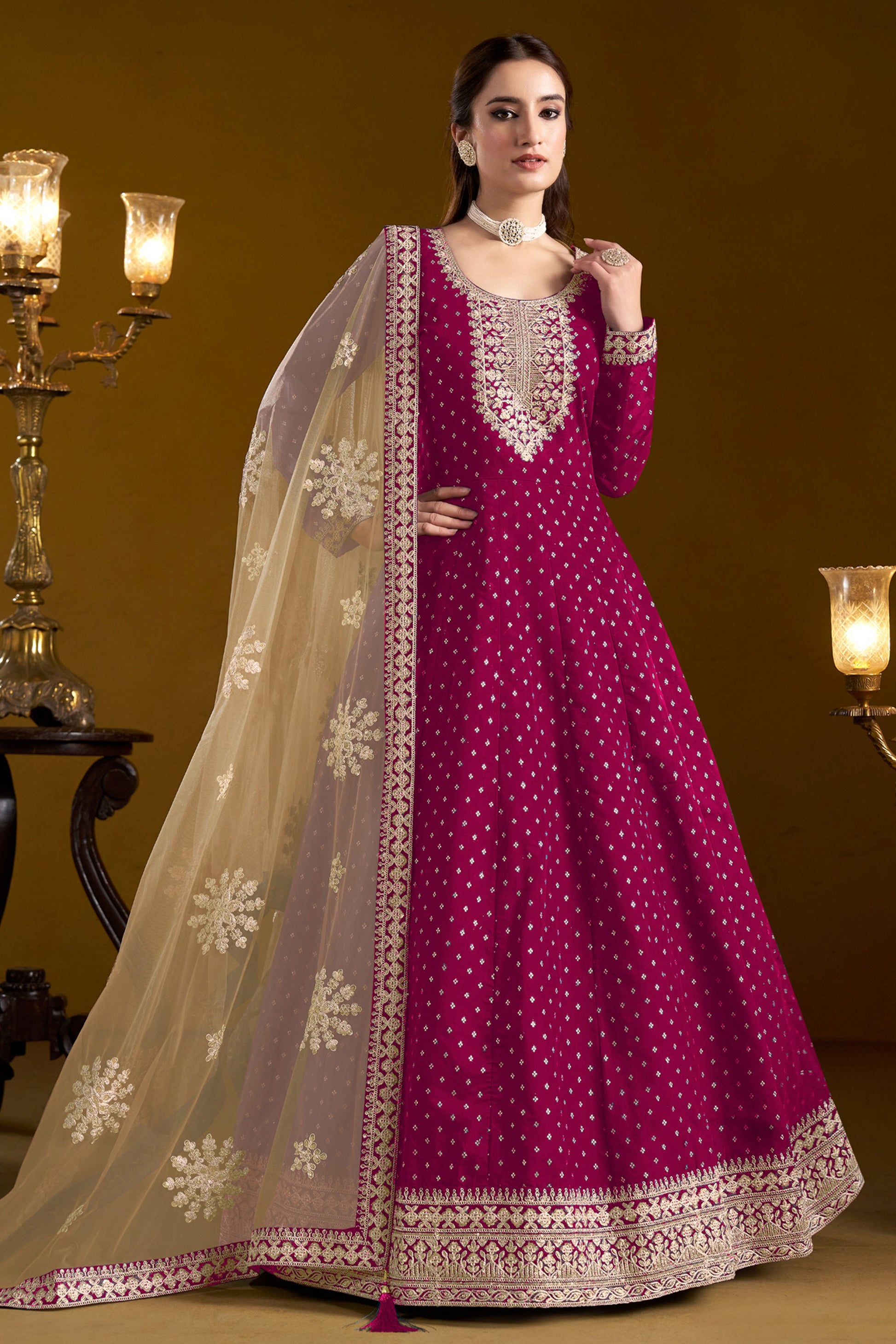 Designer Pink Anarkali Gown With Net Dupatta - Front View Ethnic Indian Wedding Dress