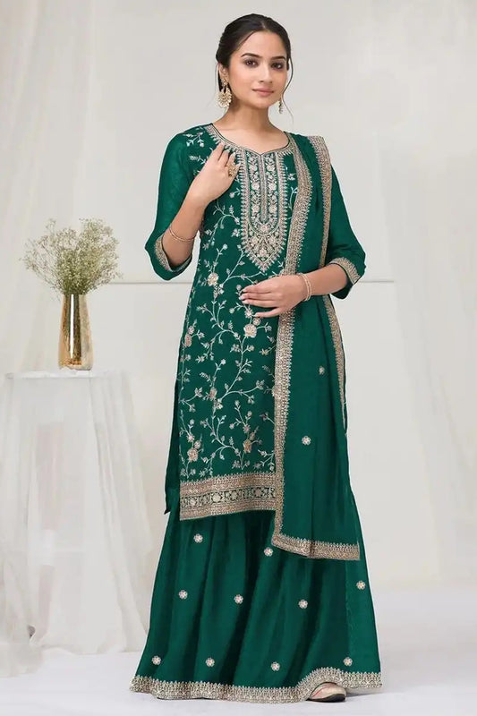 Green Georgette Palazzo Suit With Embroidery For Indian Wedding - Front View