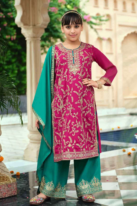 Pink Designer Embroidered Work Palazzo Suit For Kids 