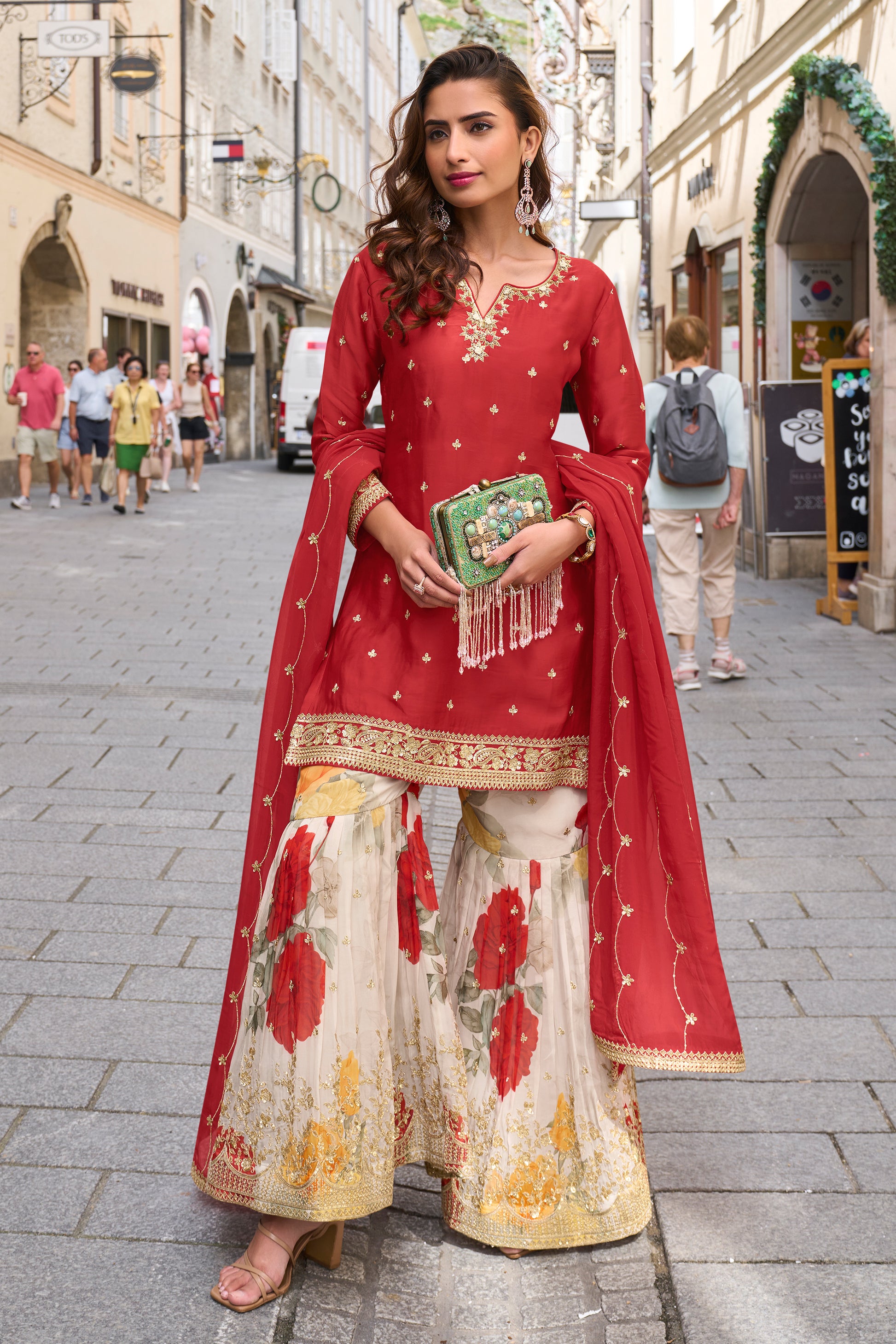Red Embroidery Palazzo Suit 