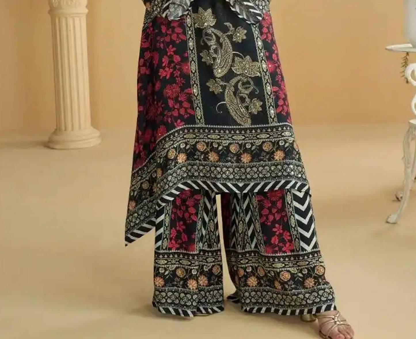 Elegant Black Chinon Silk Embroidered Palazzo Suit