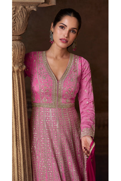 Designer Pink Anarkali Heavy Embroidery Worked Real Georgette Dupatta Suits 