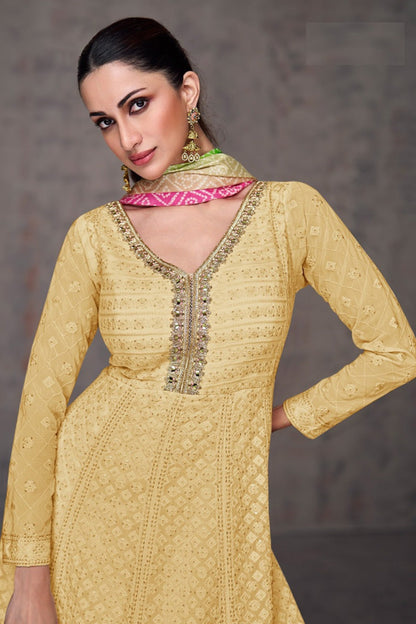 Light Yellow Georgette Anarkali Dress With Sequence Embroidery Work For Women