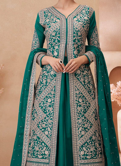 Women's Wedding Green Stitched Chinon Silk Shrug Lehenga with Dupatta Suit
