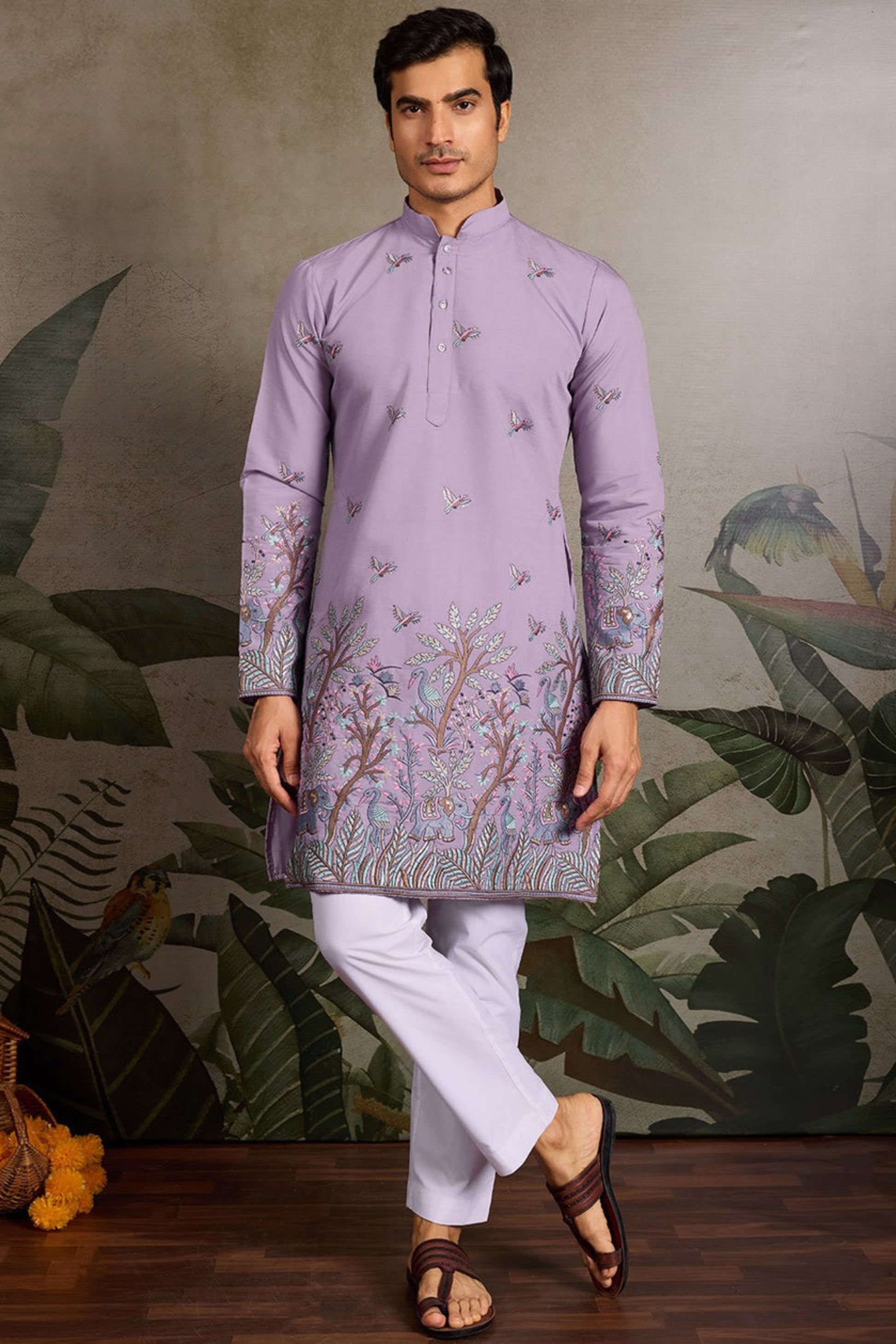 Mens Kurta In Lavender With Sequence And Embroidery Work