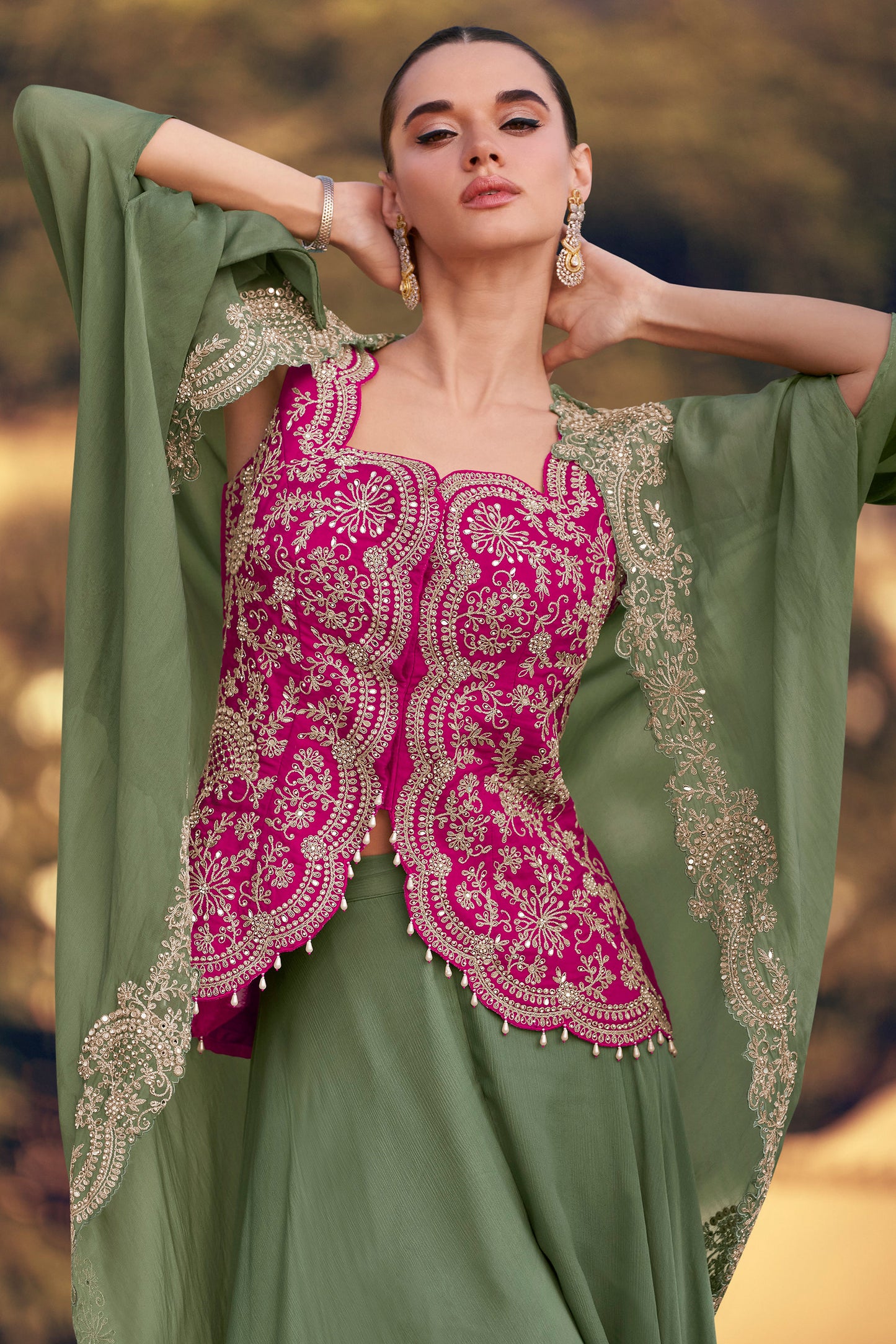 Elegant Sage Green Western Wear Silk Suit With Matching Dupatta