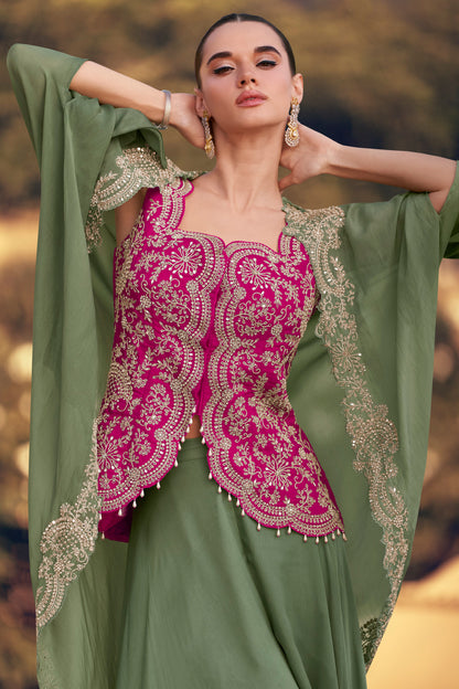 Elegant Sage Green Western Wear Silk Suit With Matching Dupatta