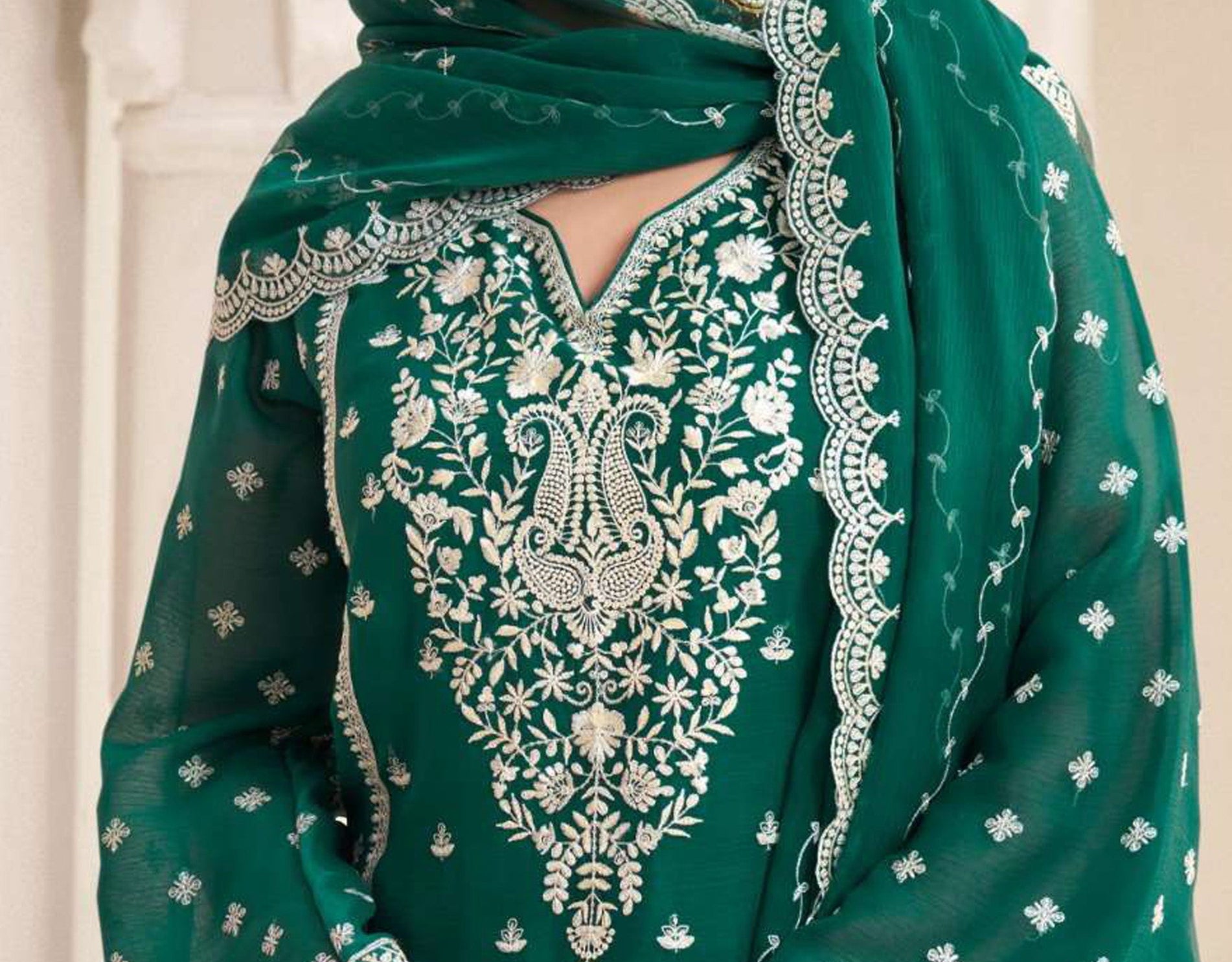 Full-length view of teal pakistani salwar kameez suit