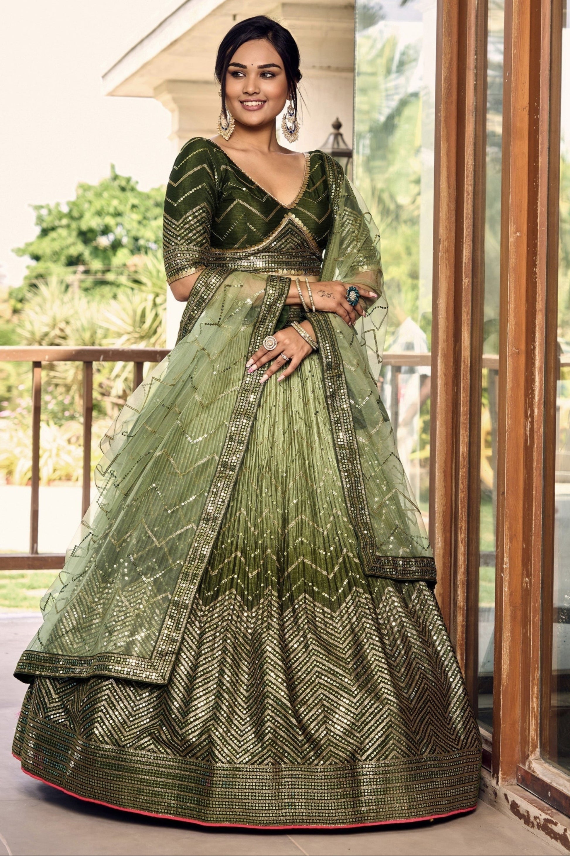 "Stylish lehengas for U.S.-based Indian functions."
