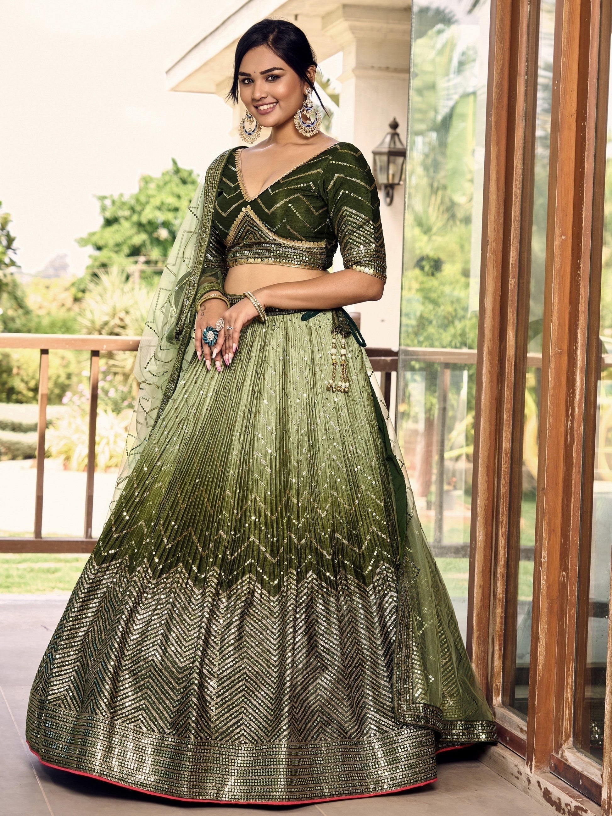 "Stylish lehengas for U.S.-based Indian functions."
