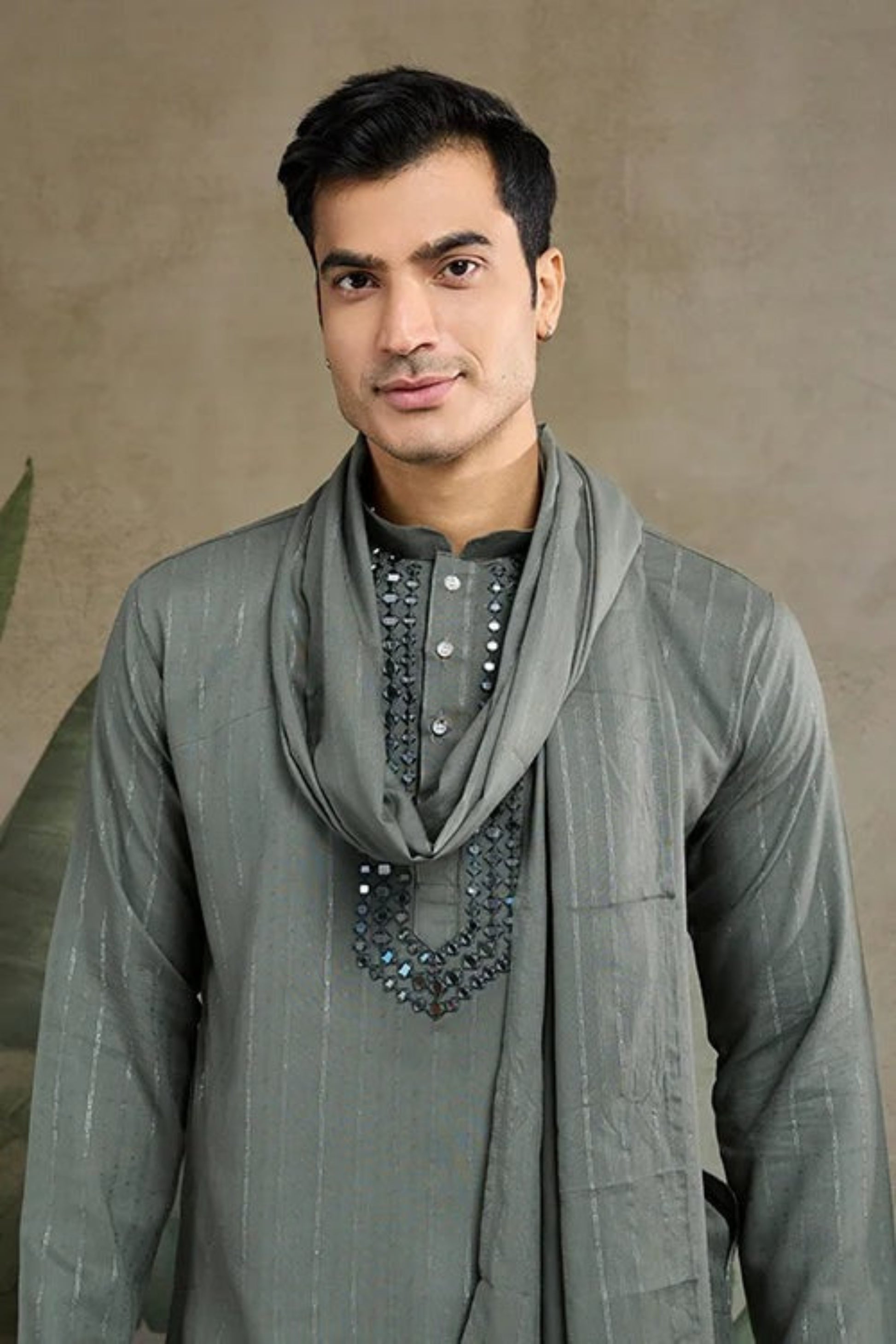 Full-length kurta pajama outfit in grey for festive and wedding occasions