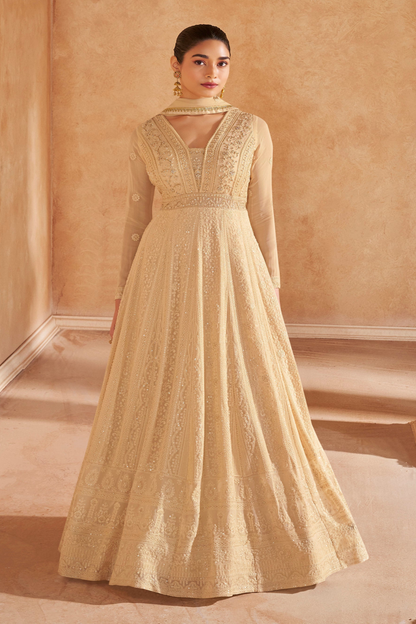 Indian Wedding Sangeet Long Flared Real Georgette Beige Anarkali Gown Suits 