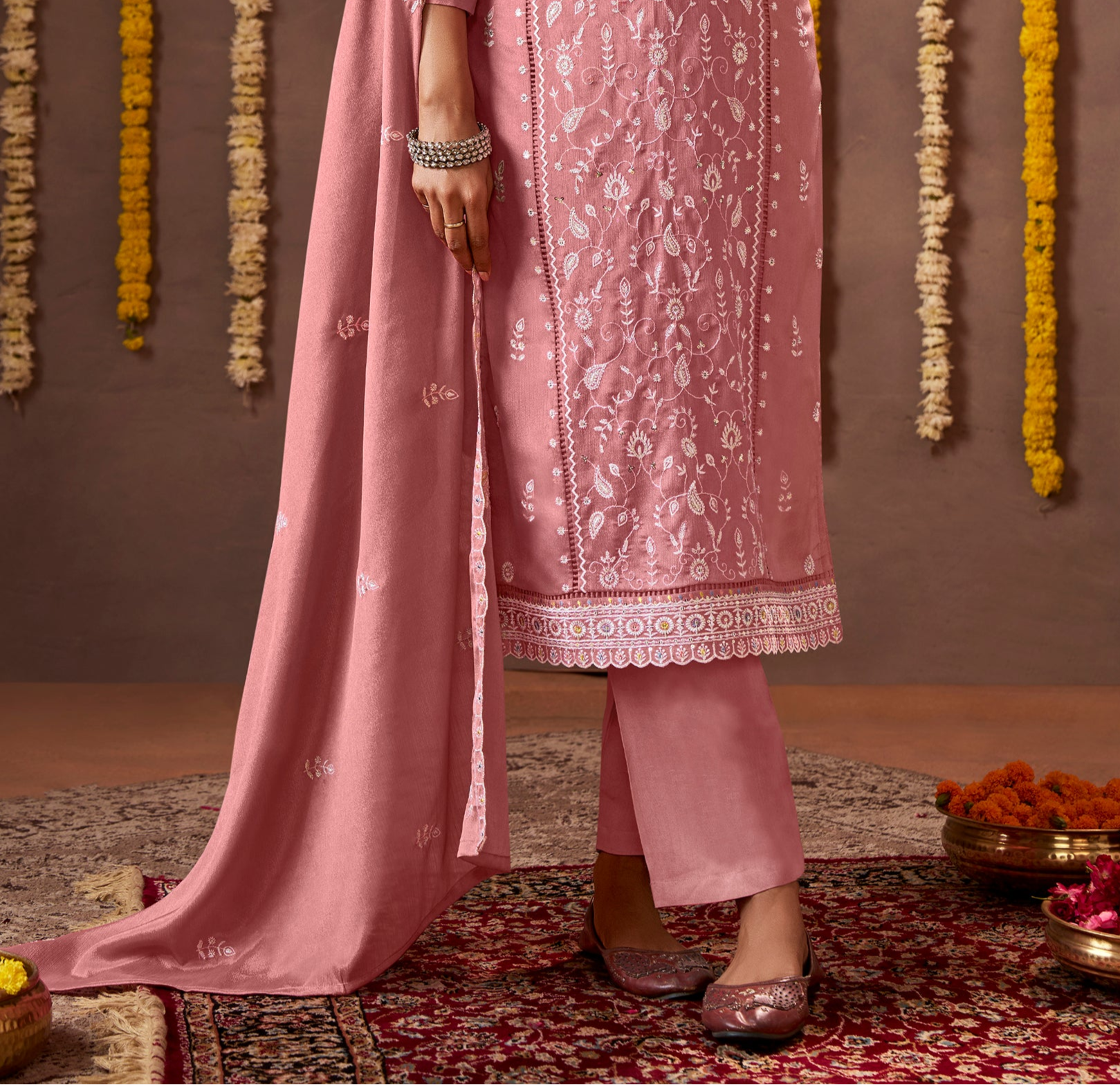Beautiful Peach Chinon Embroidered Salwar Suit for Women, perfect for parties and weddings.