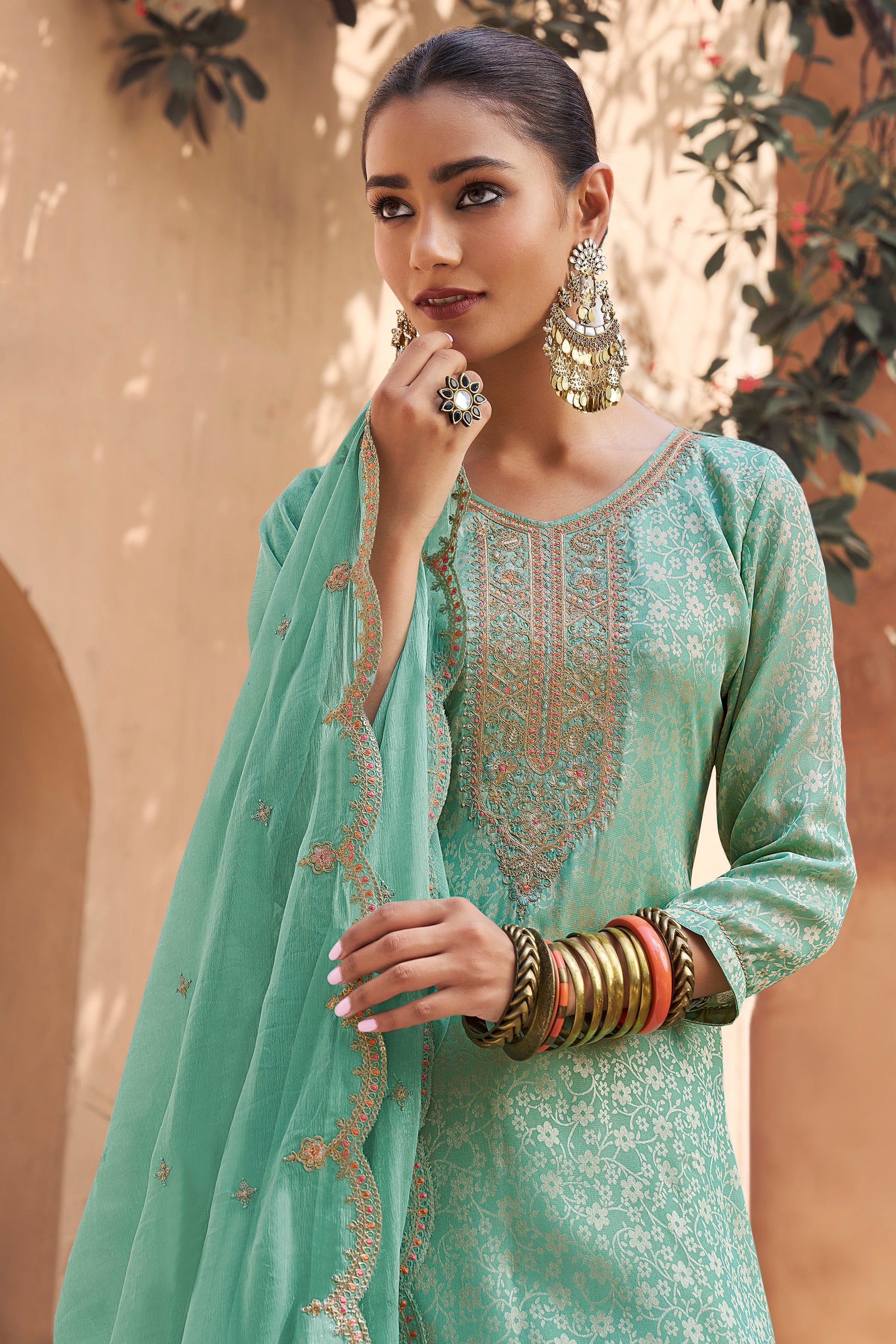 Back view of sky blue embroidered salwar suit