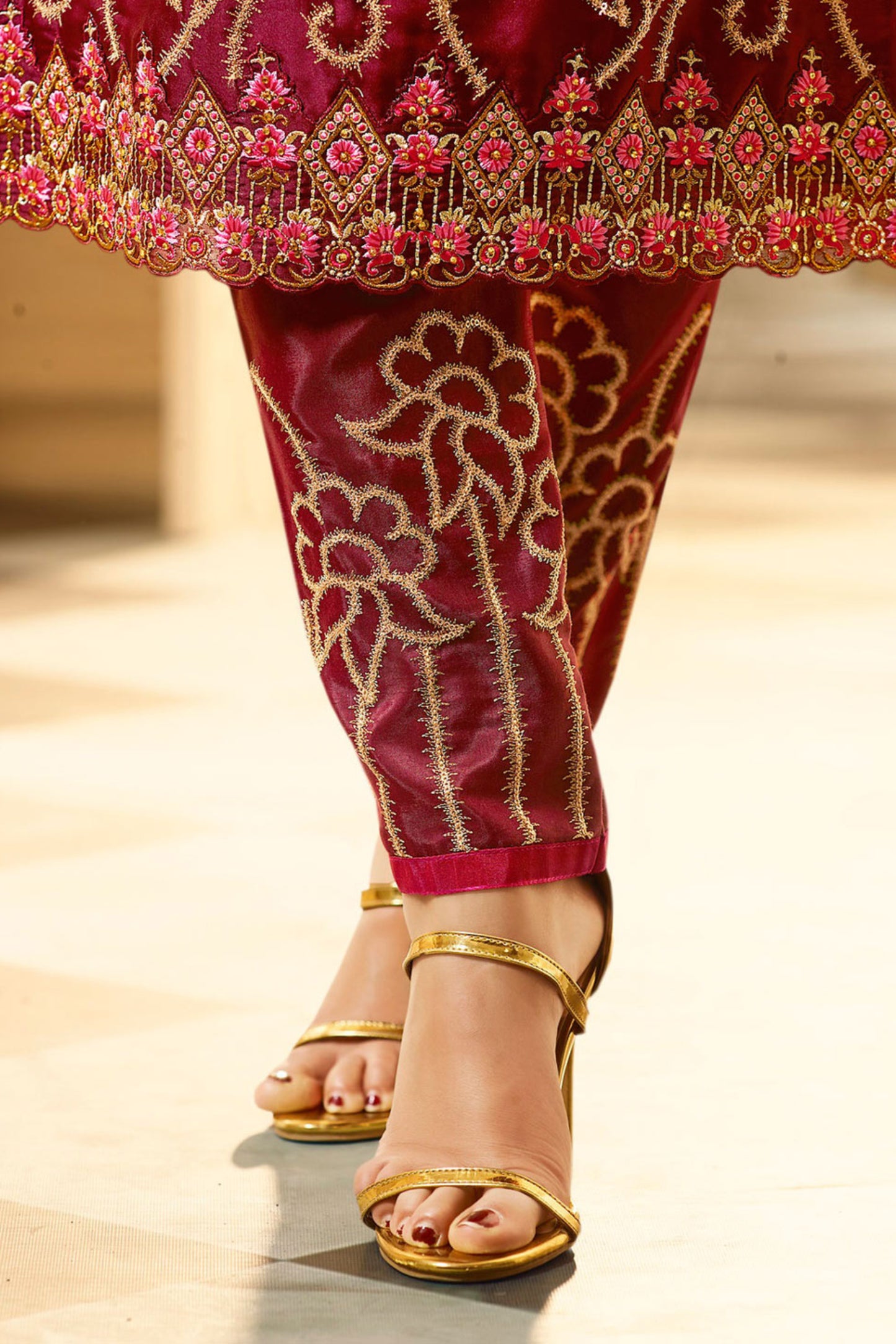 satin georgette fabric texture in wine salwar kameez