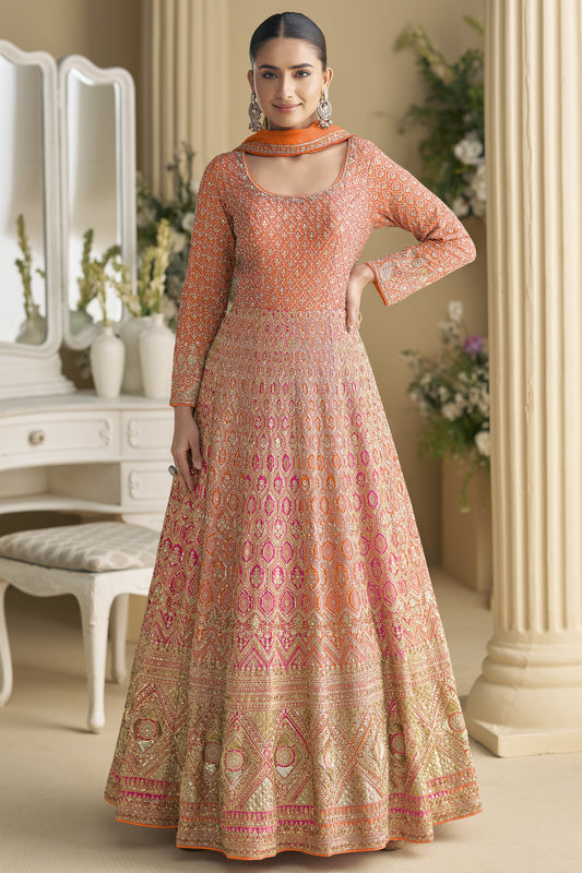 Orange Anarkali Gown With Embroidered Worked Dupatta Suit