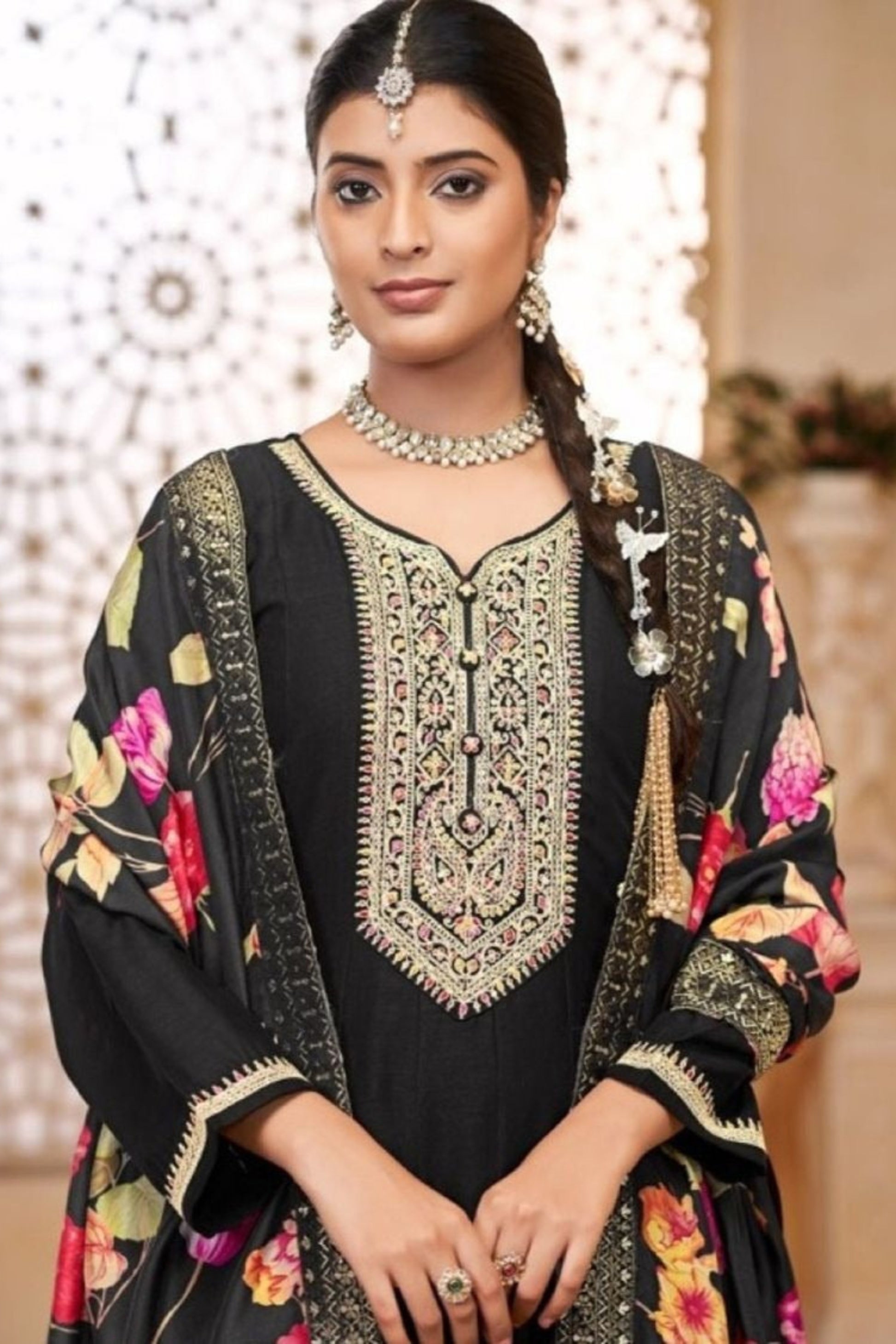 Black Anarkali Dress Eid Party Wear Embroidery Worked Dupatta Suit